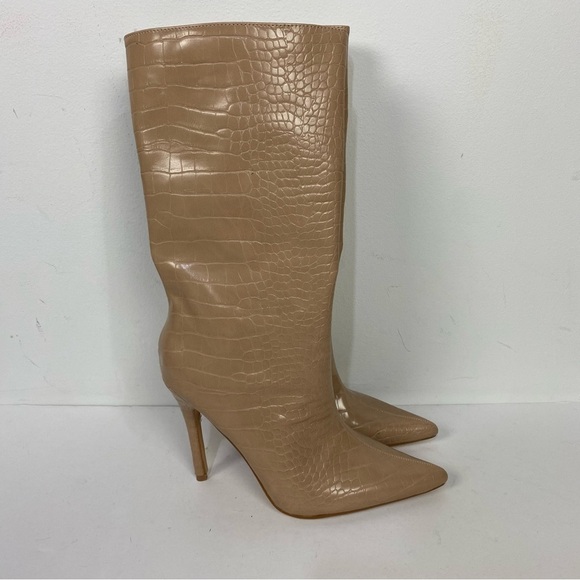Public Desire Tan Croc Alligator Pointed Toe Tall Boots Neutral Minimalist capsu - Picture 1 of 6